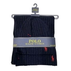 Polo Ralph Lauren Hat Wool Blend Rib Scarf & Beanie Hat Set Navy Blue Red